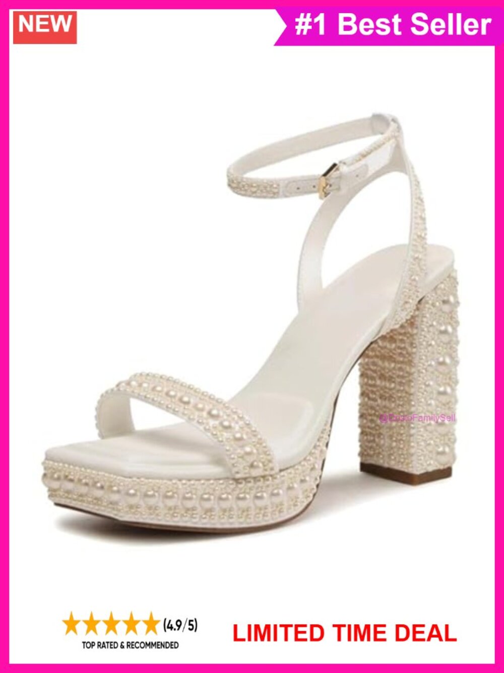 Women's Open Toe Pearl Platform Chunky Buckle Ankle Strap Heeled Sandals